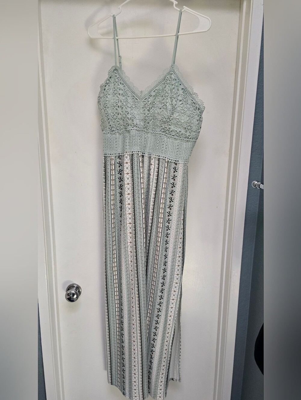 No Boundaries Sage Green Crochet Bodice Striped Maxi Dress XL